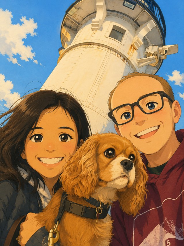 Storybook-style illustration of Matt, the founder of Culinary Card, his wife Amaya, and their dog Rafael